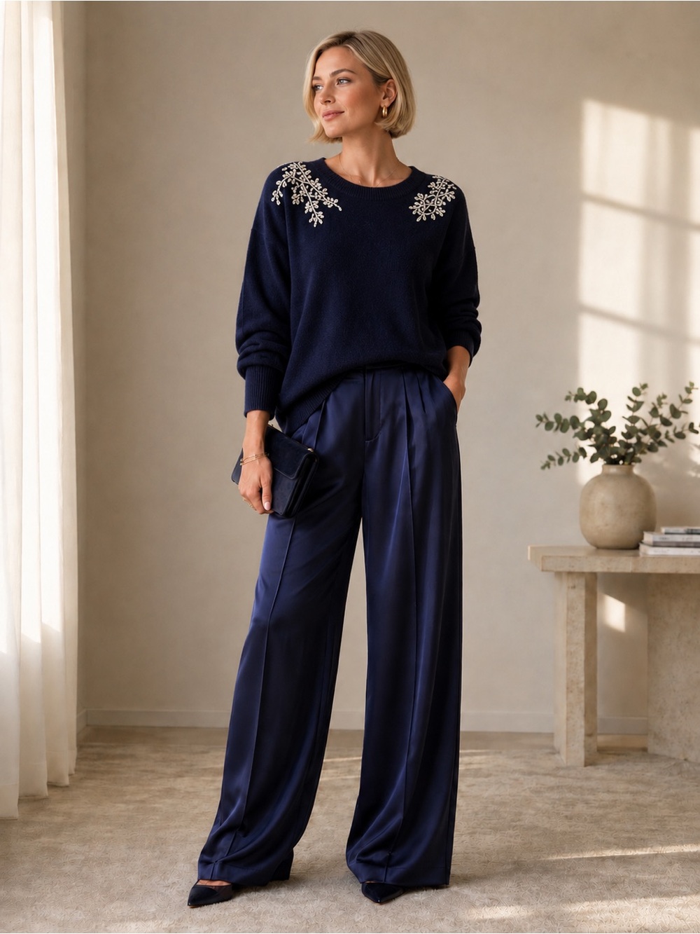 Veronica Beard Navy V-Neck Sweater with Crystal Shoulder Embellishments